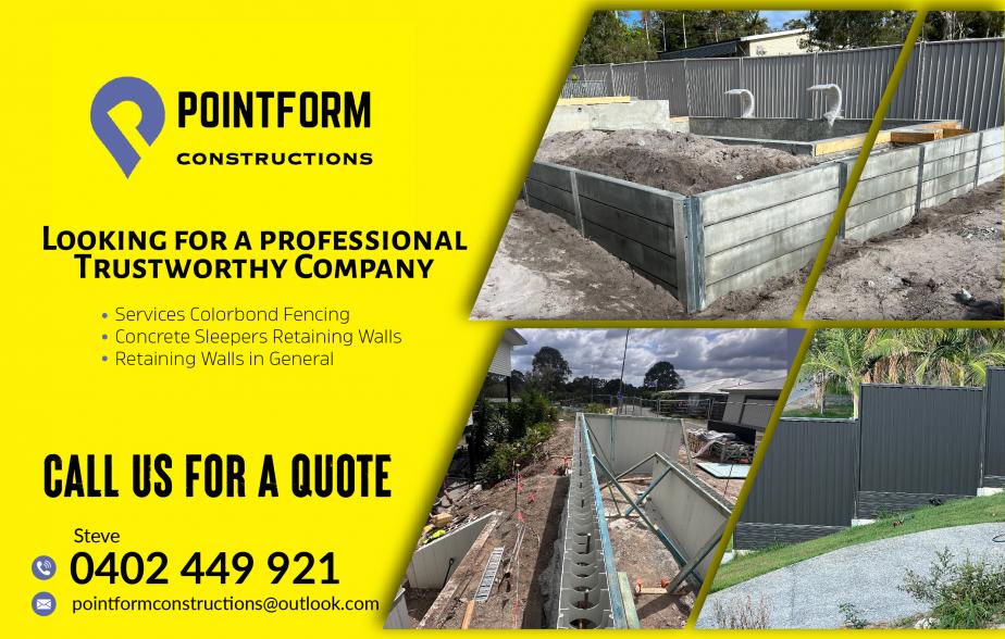 Pointform Constructions- 0402 449 921

Fencing Logan
Concrete Sleepers Gold Coast